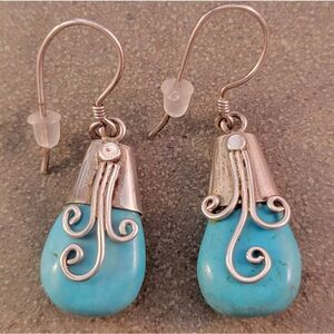 Sterling Cross Blue Turquoise Swirls Detail Drop Dangle Earrings